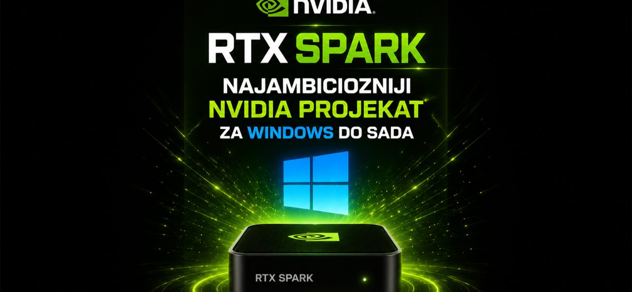RTX Spark AI računar kompanije NVIDIA prikazan ispred Windows okruženja sa AI aplikacijama i futurističkim zelenim svetlosnim efektima.
