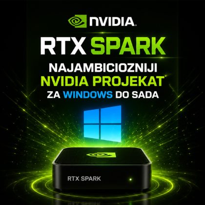 RTX Spark AI računar kompanije NVIDIA prikazan ispred Windows okruženja sa AI aplikacijama i futurističkim zelenim svetlosnim efektima.