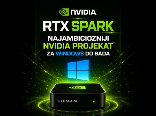 RTX Spark AI računar kompanije NVIDIA prikazan ispred Windows okruženja sa AI aplikacijama i futurističkim zelenim svetlosnim efektima.