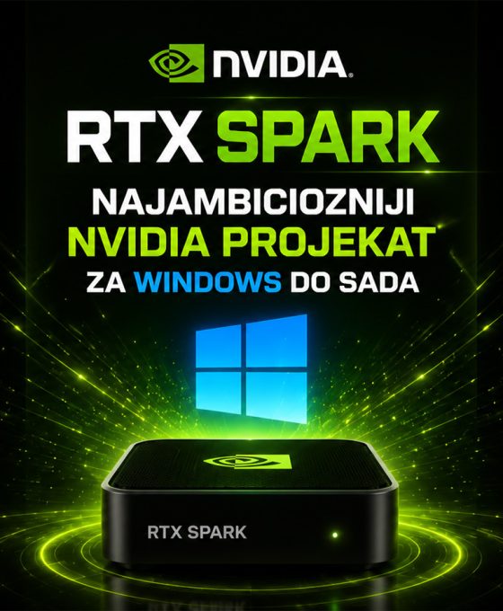 RTX Spark AI računar kompanije NVIDIA prikazan ispred Windows okruženja sa AI aplikacijama i futurističkim zelenim svetlosnim efektima.
