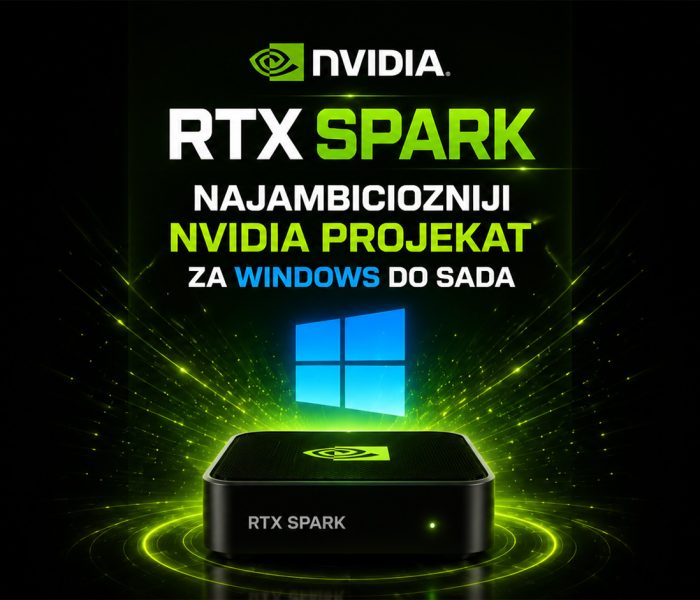 RTX Spark AI računar kompanije NVIDIA prikazan ispred Windows okruženja sa AI aplikacijama i futurističkim zelenim svetlosnim efektima.