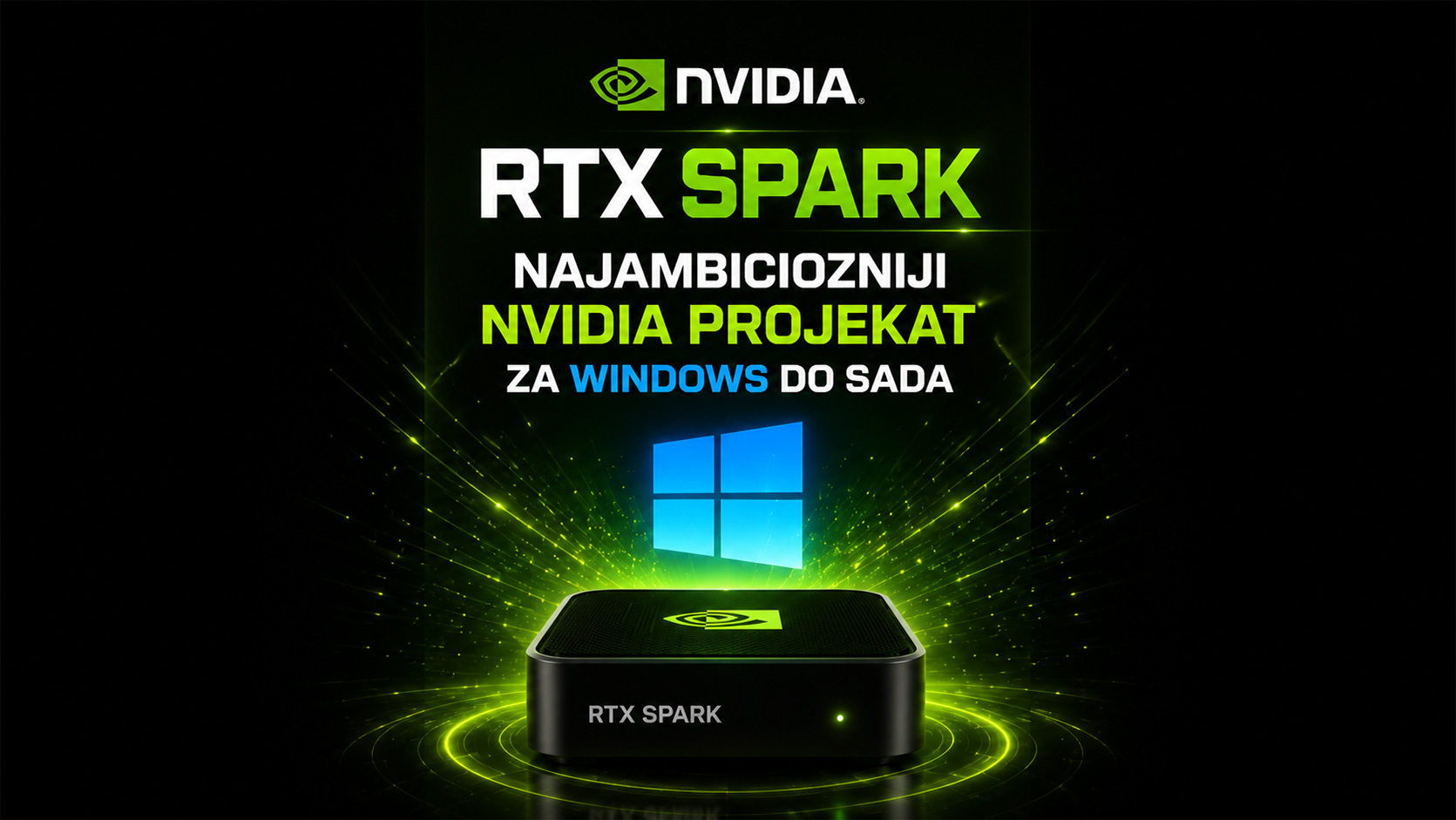 RTX Spark AI računar kompanije NVIDIA prikazan ispred Windows okruženja sa AI aplikacijama i futurističkim zelenim svetlosnim efektima.