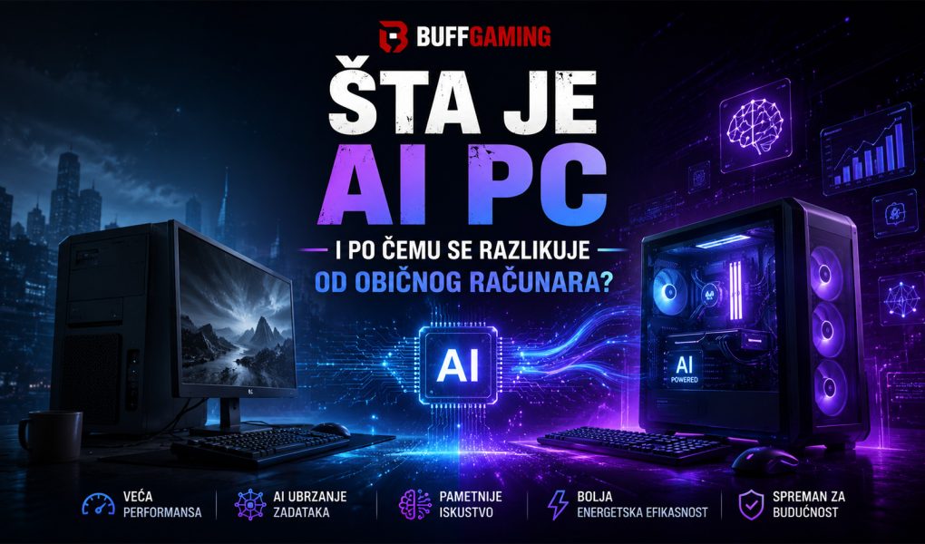 Poređenje AI PC računara i klasičnog desktop računara uz prikaz AI čipa, naprednih funkcija veštačke inteligencije i futurističkog tehnološkog okruženja.