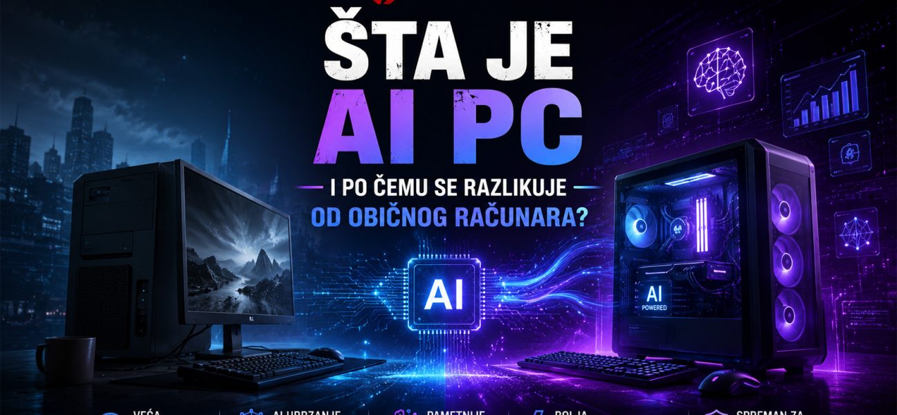 Poređenje AI PC računara i klasičnog desktop računara uz prikaz AI čipa, naprednih funkcija veštačke inteligencije i futurističkog tehnološkog okruženja.