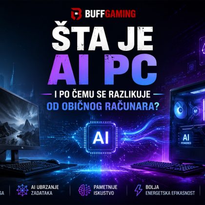 Poređenje AI PC računara i klasičnog desktop računara uz prikaz AI čipa, naprednih funkcija veštačke inteligencije i futurističkog tehnološkog okruženja.