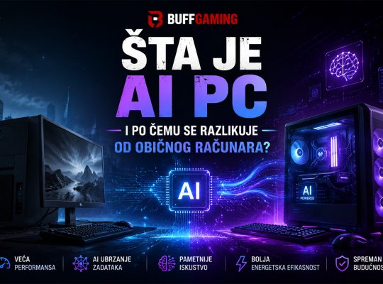 Poređenje AI PC računara i klasičnog desktop računara uz prikaz AI čipa, naprednih funkcija veštačke inteligencije i futurističkog tehnološkog okruženja.
