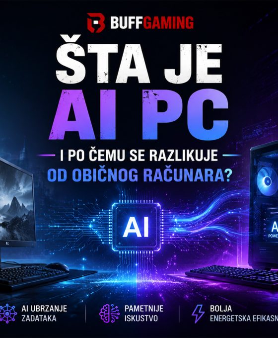 Poređenje AI PC računara i klasičnog desktop računara uz prikaz AI čipa, naprednih funkcija veštačke inteligencije i futurističkog tehnološkog okruženja.