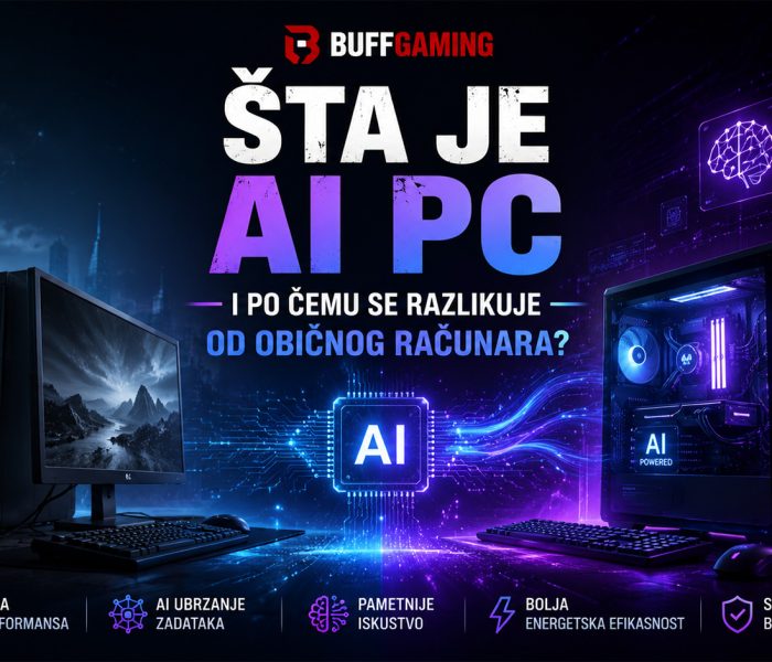 Poređenje AI PC računara i klasičnog desktop računara uz prikaz AI čipa, naprednih funkcija veštačke inteligencije i futurističkog tehnološkog okruženja.