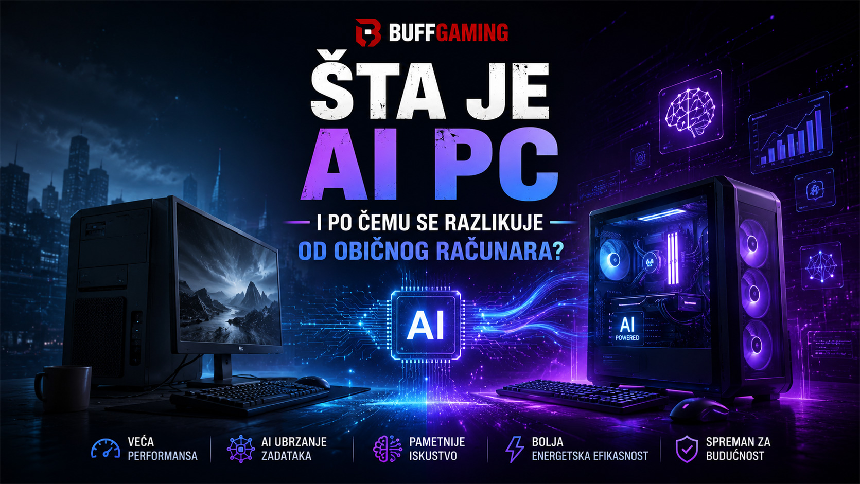 Poređenje AI PC računara i klasičnog desktop računara uz prikaz AI čipa, naprednih funkcija veštačke inteligencije i futurističkog tehnološkog okruženja.