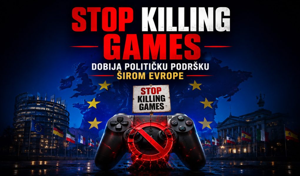 Baner za vest Stop Killing Games dobija političku podršku širom Evrope, sa gejmerom koji drži kontroler ispred evropskih institucija i simbolima očuvanja digitalnih igara.
