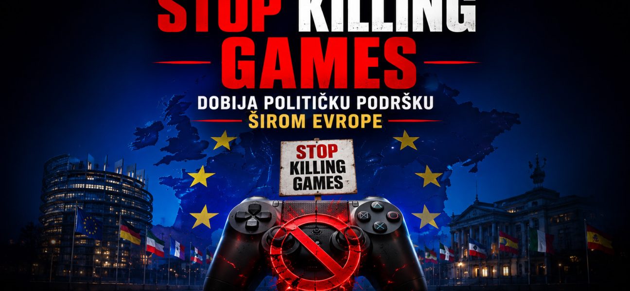 Baner za vest Stop Killing Games dobija političku podršku širom Evrope, sa gejmerom koji drži kontroler ispred evropskih institucija i simbolima očuvanja digitalnih igara.