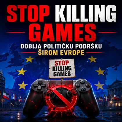 Baner za vest Stop Killing Games dobija političku podršku širom Evrope, sa gejmerom koji drži kontroler ispred evropskih institucija i simbolima očuvanja digitalnih igara.