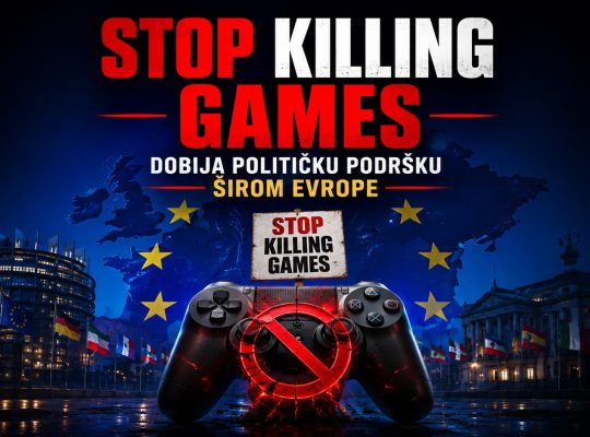 Baner za vest Stop Killing Games dobija političku podršku širom Evrope, sa gejmerom koji drži kontroler ispred evropskih institucija i simbolima očuvanja digitalnih igara.