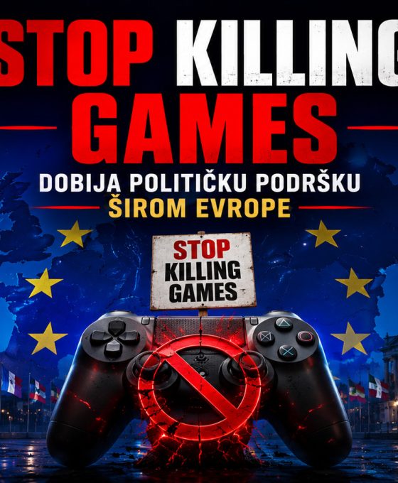 Baner za vest Stop Killing Games dobija političku podršku širom Evrope, sa gejmerom koji drži kontroler ispred evropskih institucija i simbolima očuvanja digitalnih igara.