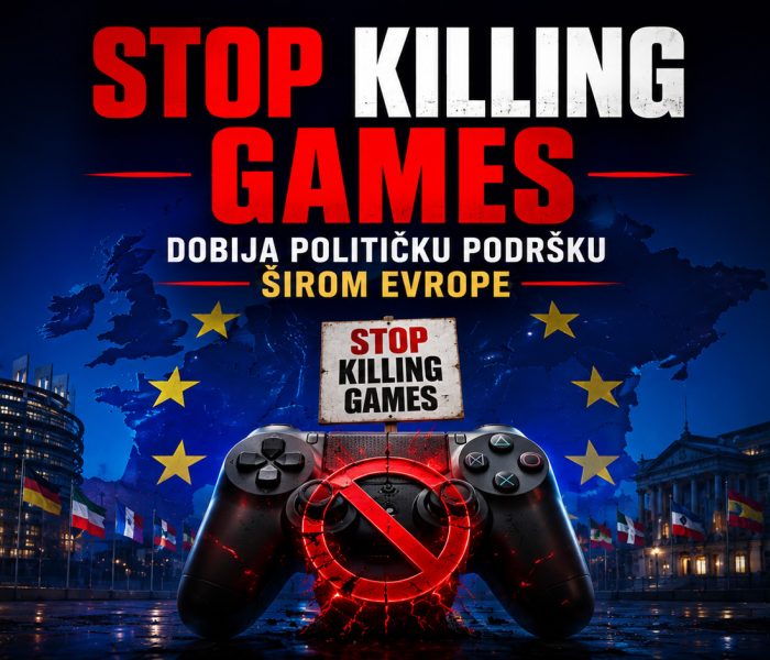 Baner za vest Stop Killing Games dobija političku podršku širom Evrope, sa gejmerom koji drži kontroler ispred evropskih institucija i simbolima očuvanja digitalnih igara.