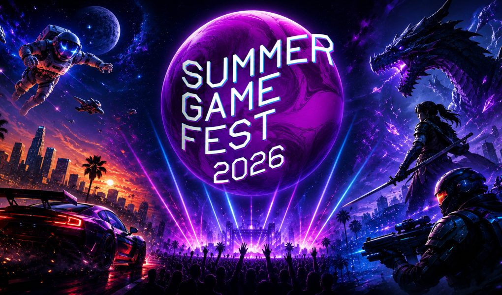 Summer Game Fest 2026 baner sa futurističkim gaming motivima, neon osvetljenjem, sportskim automobilom, svemirskim astronautom, fantastičnim zmajem i velikim logotipom događaja u centru.