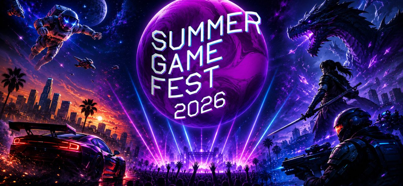 Summer Game Fest 2026 baner sa futurističkim gaming motivima, neon osvetljenjem, sportskim automobilom, svemirskim astronautom, fantastičnim zmajem i velikim logotipom događaja u centru.