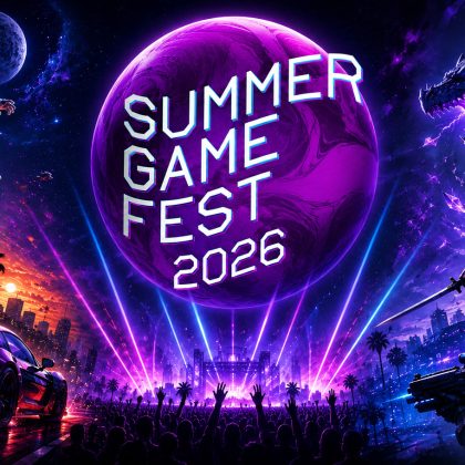 Summer Game Fest 2026 baner sa futurističkim gaming motivima, neon osvetljenjem, sportskim automobilom, svemirskim astronautom, fantastičnim zmajem i velikim logotipom događaja u centru.