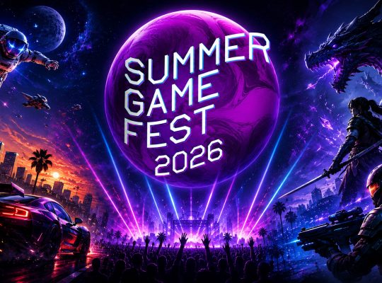 Summer Game Fest 2026 baner sa futurističkim gaming motivima, neon osvetljenjem, sportskim automobilom, svemirskim astronautom, fantastičnim zmajem i velikim logotipom događaja u centru.