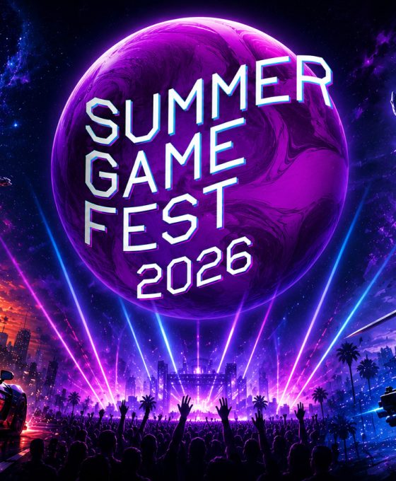 Summer Game Fest 2026 baner sa futurističkim gaming motivima, neon osvetljenjem, sportskim automobilom, svemirskim astronautom, fantastičnim zmajem i velikim logotipom događaja u centru.