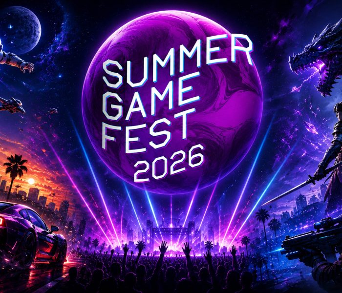 Summer Game Fest 2026 baner sa futurističkim gaming motivima, neon osvetljenjem, sportskim automobilom, svemirskim astronautom, fantastičnim zmajem i velikim logotipom događaja u centru.
