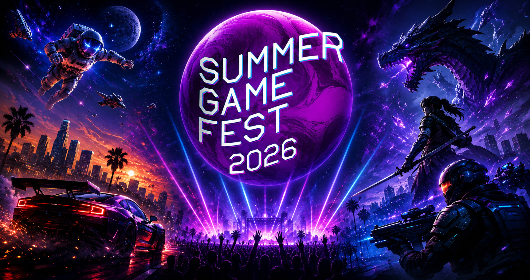 Summer Game Fest 2026 baner sa futurističkim gaming motivima, neon osvetljenjem, sportskim automobilom, svemirskim astronautom, fantastičnim zmajem i velikim logotipom događaja u centru.