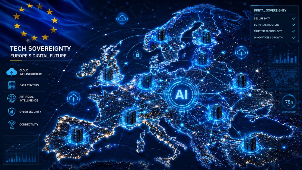 Tech Sovereignty u Evropi prikazan kroz digitalne mreže, AI tehnologije, servere i cloud infrastrukturu povezanu širom Evropske unije.