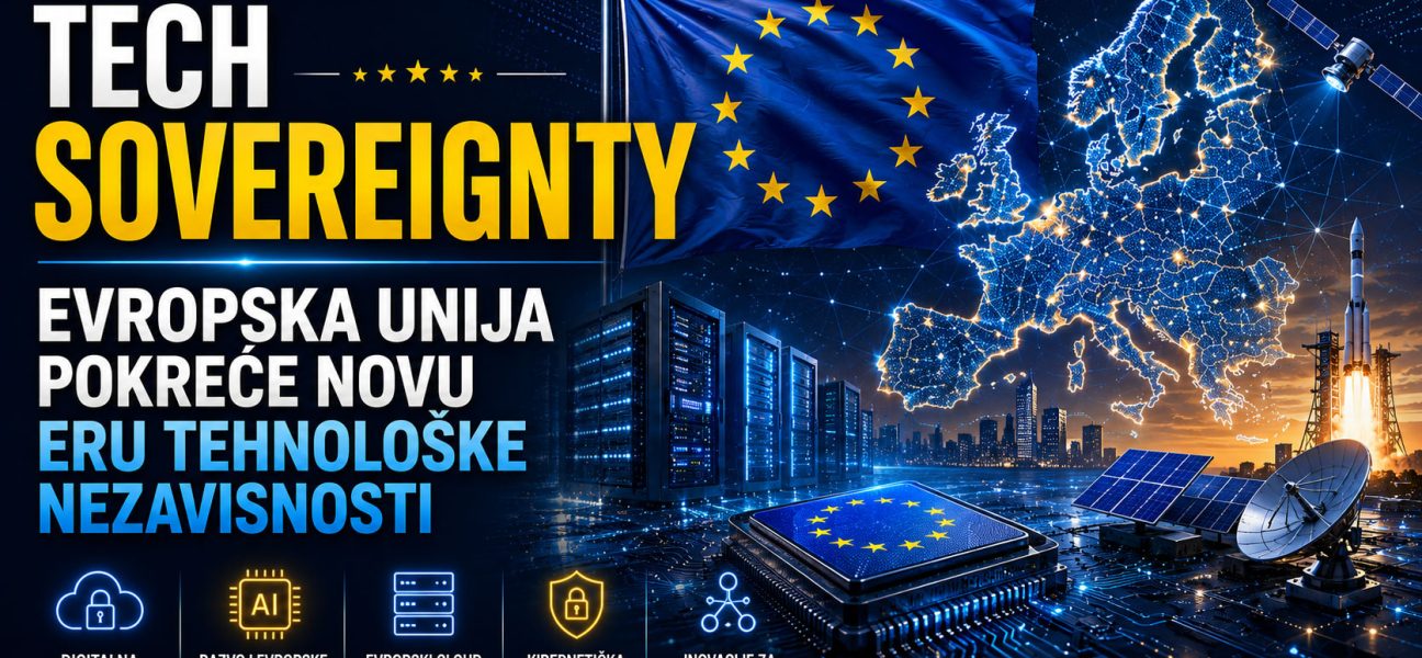 Baner koji prikazuje inicijativu Tech Sovereignty Evropske unije kroz digitalnu mapu Evrope, EU zastavu, data centar i tehnološku infrastrukturu koja simbolizuje digitalnu nezavisnost.