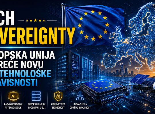 Baner koji prikazuje inicijativu Tech Sovereignty Evropske unije kroz digitalnu mapu Evrope, EU zastavu, data centar i tehnološku infrastrukturu koja simbolizuje digitalnu nezavisnost.