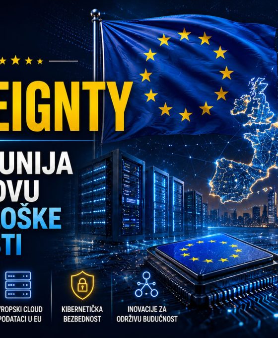 Baner koji prikazuje inicijativu Tech Sovereignty Evropske unije kroz digitalnu mapu Evrope, EU zastavu, data centar i tehnološku infrastrukturu koja simbolizuje digitalnu nezavisnost.