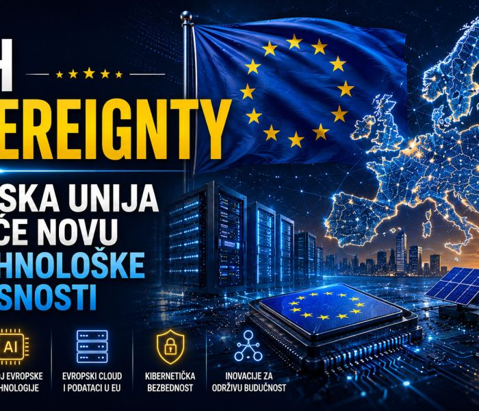 Baner koji prikazuje inicijativu Tech Sovereignty Evropske unije kroz digitalnu mapu Evrope, EU zastavu, data centar i tehnološku infrastrukturu koja simbolizuje digitalnu nezavisnost.