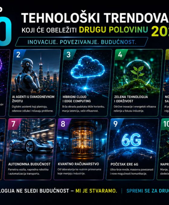 Infografik koji prikazuje 10 najvažnijih tehnoloških trendova za drugu polovinu 2026. godine, uključujući AI, cloud computing, sajber bezbednost, XR tehnologije, kvantne računare i 6G mreže.