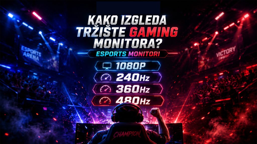Profesionalni esports igrač u areni sa prikazom 1080p, 240Hz, 360Hz i 480Hz monitora koji dominiraju kompetitivnim gejmingom.
