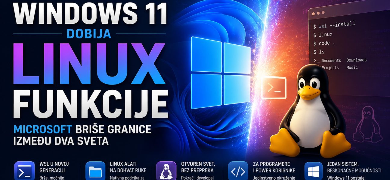 Windows 11 i Linux prikazani kao spojeni ekosistemi, sa Windows logotipom, Linux Tux maskotom i terminalom koji simbolizuje dolazak Linux funkcija i alata u Microsoft operativni sistem.
