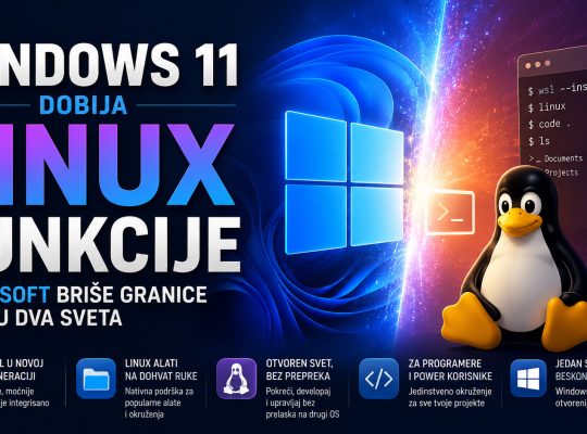 Windows 11 i Linux prikazani kao spojeni ekosistemi, sa Windows logotipom, Linux Tux maskotom i terminalom koji simbolizuje dolazak Linux funkcija i alata u Microsoft operativni sistem.
