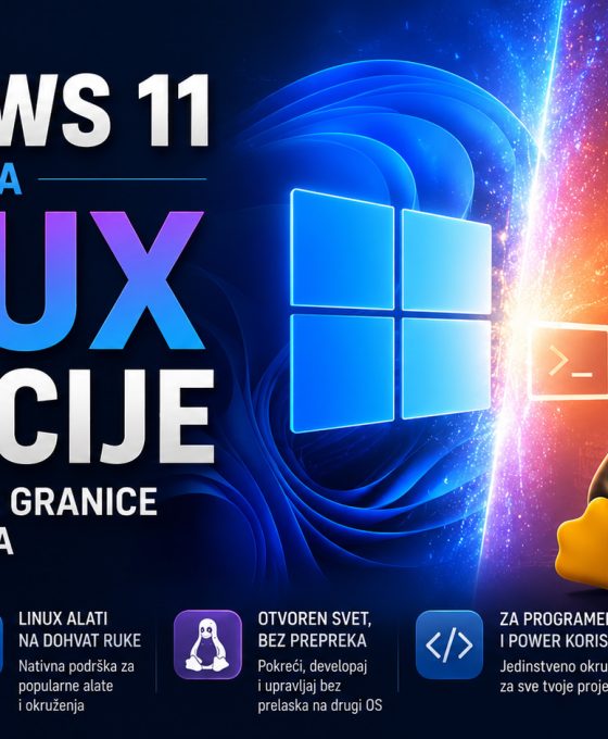 Windows 11 i Linux prikazani kao spojeni ekosistemi, sa Windows logotipom, Linux Tux maskotom i terminalom koji simbolizuje dolazak Linux funkcija i alata u Microsoft operativni sistem.