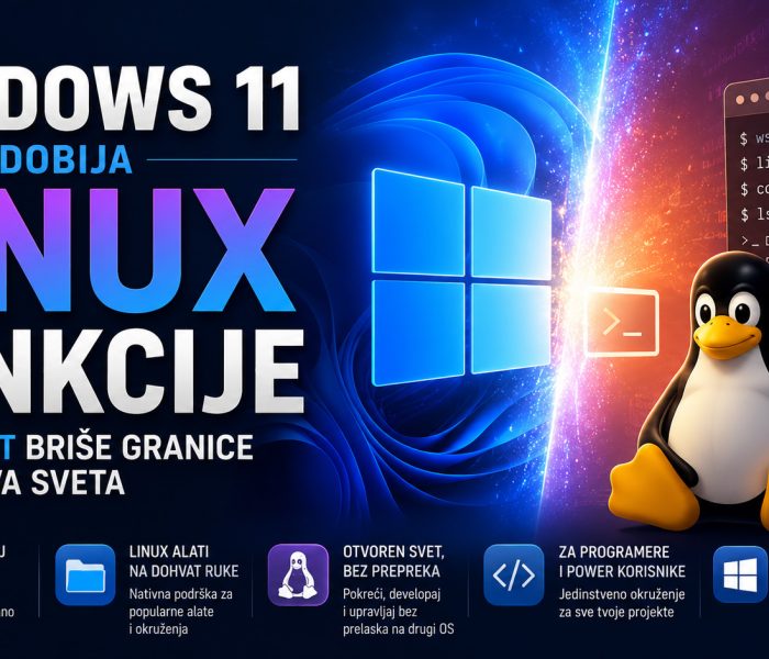 Windows 11 i Linux prikazani kao spojeni ekosistemi, sa Windows logotipom, Linux Tux maskotom i terminalom koji simbolizuje dolazak Linux funkcija i alata u Microsoft operativni sistem.