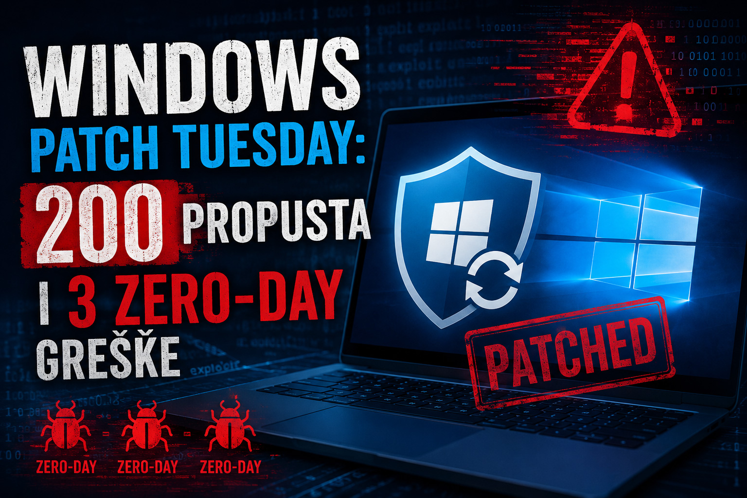 Ilustracija Windows Patch Tuesday ažuriranja sa prikazom bezbednosnih zakrpa, upozorenja o ranjivostima i informacijom o 200 ispravljenih propusta, uključujući tri zero-day greške.