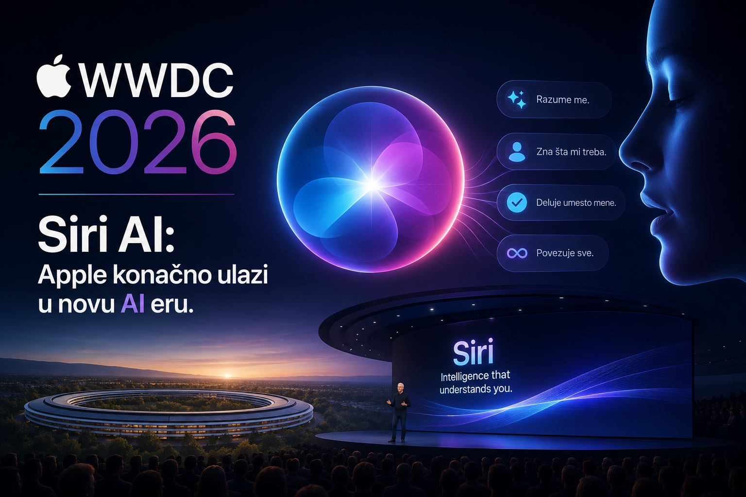 WWDC 2026 konferencija predstavlja novu generaciju Siri AI asistenta sa naprednim mogućnostima veštačke inteligencije, personalizovanim odgovorima i dubljom integracijom u Apple ekosistem.