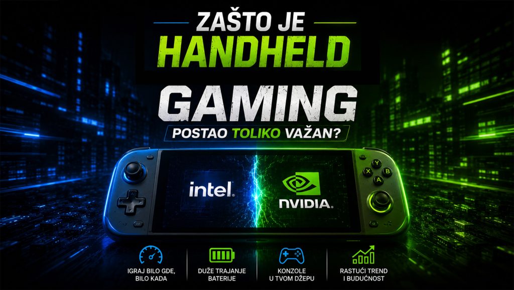 Handheld gaming konzola u futurističkom gejming okruženju sa neon plavim i zelenim osvetljenjem, uz naslov „Zašto je handheld gaming postao toliko važan?“.