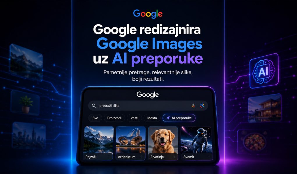 Baner koji prikazuje redizajnirani Google Images interfejs sa AI preporukama, futurističkim korisničkim okruženjem i naglaskom na pametniju pretragu slika uz veštačku inteligenciju.