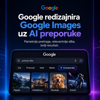 Baner koji prikazuje redizajnirani Google Images interfejs sa AI preporukama, futurističkim korisničkim okruženjem i naglaskom na pametniju pretragu slika uz veštačku inteligenciju.