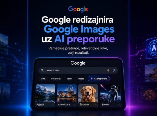 Baner koji prikazuje redizajnirani Google Images interfejs sa AI preporukama, futurističkim korisničkim okruženjem i naglaskom na pametniju pretragu slika uz veštačku inteligenciju.