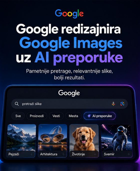 Baner koji prikazuje redizajnirani Google Images interfejs sa AI preporukama, futurističkim korisničkim okruženjem i naglaskom na pametniju pretragu slika uz veštačku inteligenciju.