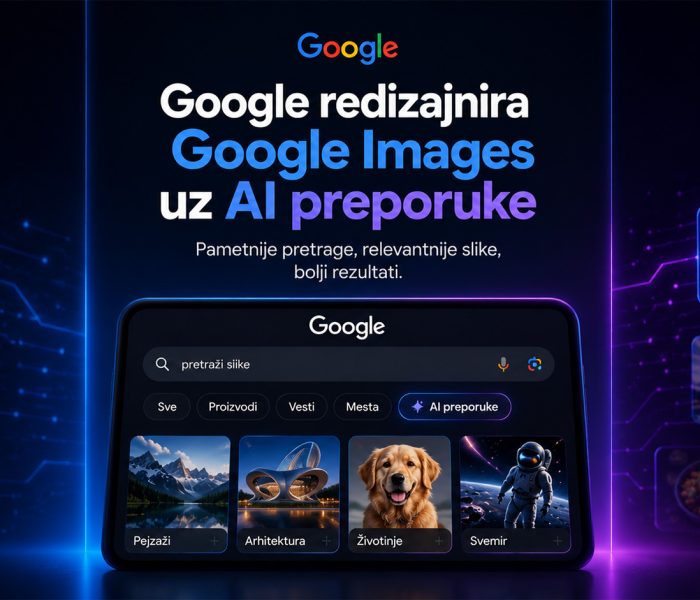 Baner koji prikazuje redizajnirani Google Images interfejs sa AI preporukama, futurističkim korisničkim okruženjem i naglaskom na pametniju pretragu slika uz veštačku inteligenciju.