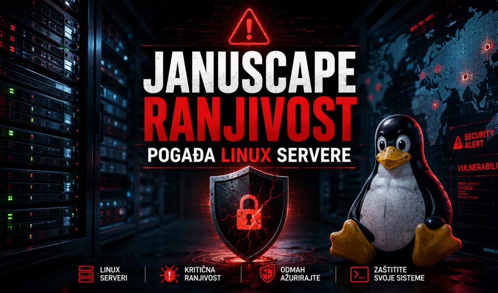 Hero baner koji prikazuje Januscape ranjivost koja pogađa Linux servere, sa server rekovima, Tux Linux maskotom, upozorenjem o sajber bezbednosti i simbolom kompromitovane zaštite.