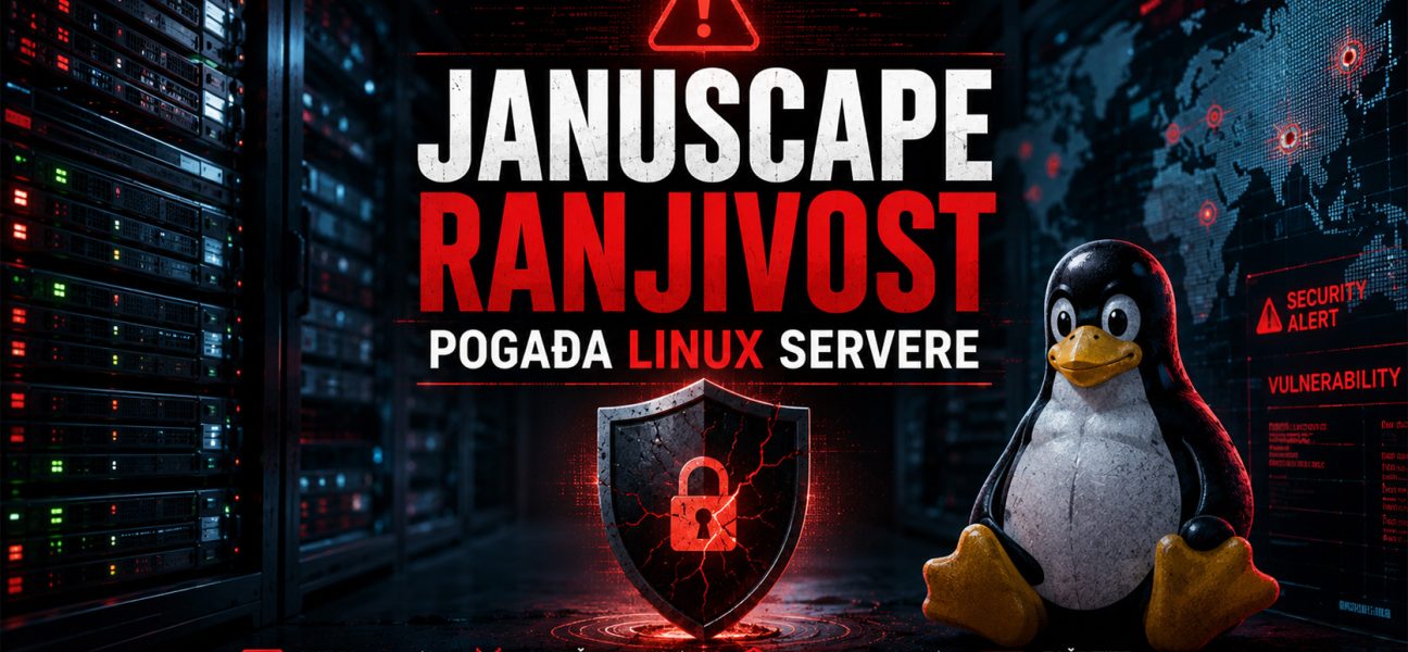 Hero baner koji prikazuje Januscape ranjivost koja pogađa Linux servere, sa server rekovima, Tux Linux maskotom, upozorenjem o sajber bezbednosti i simbolom kompromitovane zaštite.