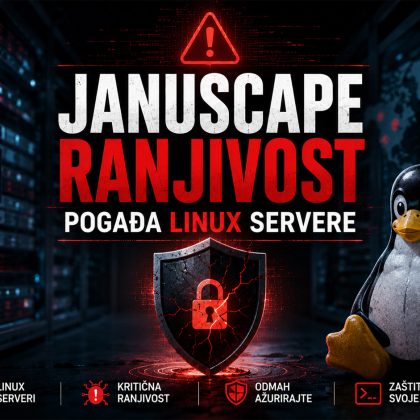 Hero baner koji prikazuje Januscape ranjivost koja pogađa Linux servere, sa server rekovima, Tux Linux maskotom, upozorenjem o sajber bezbednosti i simbolom kompromitovane zaštite.