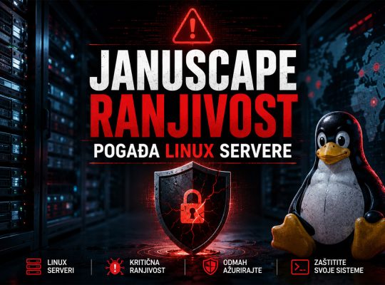 Hero baner koji prikazuje Januscape ranjivost koja pogađa Linux servere, sa server rekovima, Tux Linux maskotom, upozorenjem o sajber bezbednosti i simbolom kompromitovane zaštite.