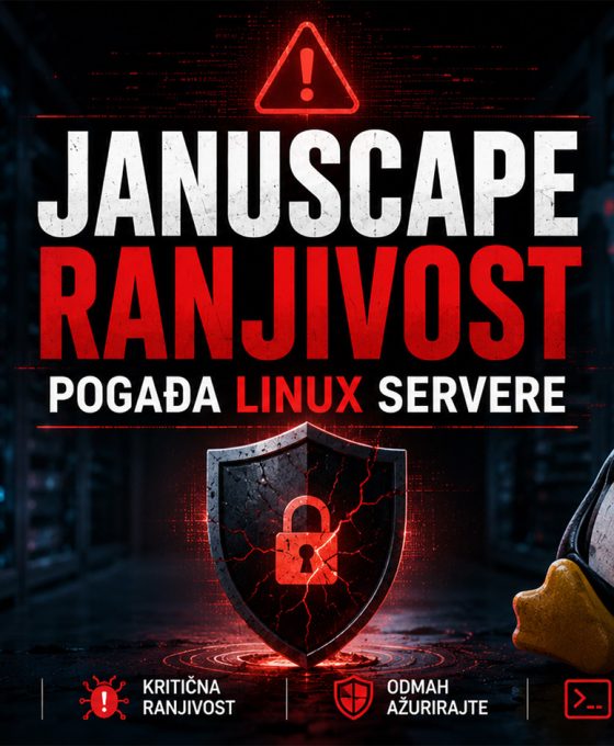 Hero baner koji prikazuje Januscape ranjivost koja pogađa Linux servere, sa server rekovima, Tux Linux maskotom, upozorenjem o sajber bezbednosti i simbolom kompromitovane zaštite.